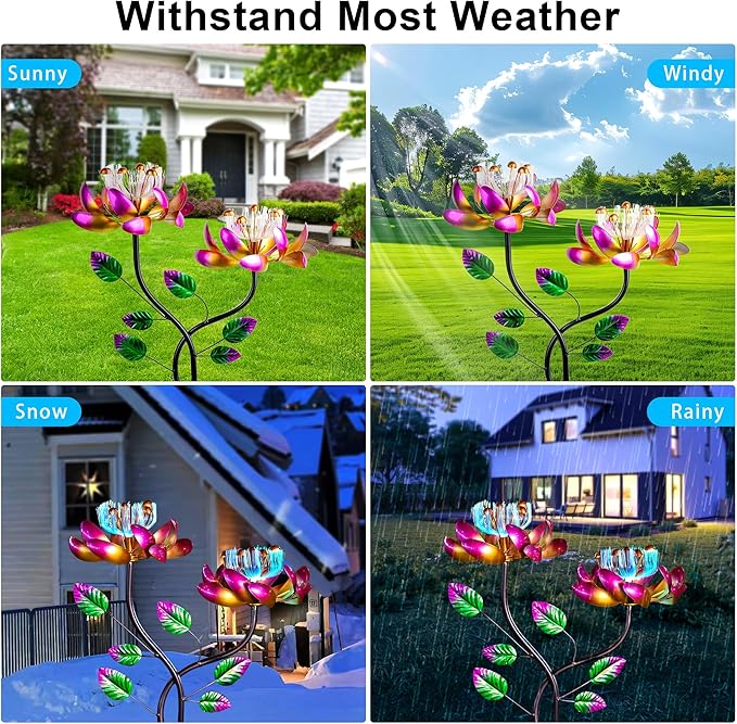 55'' Solar Powered Kinetic Wind Spinner Sculpture Pink Lotus Metal Stake Spinner for Patio, Lawn and Garden Decor Weather-Resistant Outdoor Art with Dual Lotus Design-CasaMuseHome