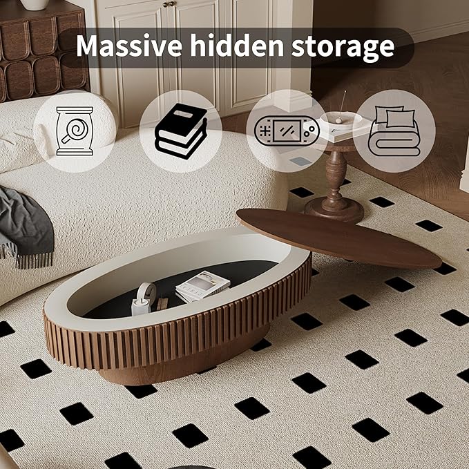 47.2''Oval Coffee Table with Storage, Mid Century Modern Fluted Drum Center Tables with Lid, Solid Wood Side Pedestal Coffee Table Tea Table for Living Room, Bedroom, Apartment-Walnut-CasaMuseHome