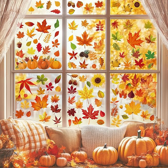 9 Sheets Fall Decorations, 274 PCS Fall Window Clings, Double Sided Autumn Stickers with Maple Leaves Pumpkin Nuts, Autumn Window Clings for Party Thanksgiving Decor Indoor Outdoor Accessories-CasaMuseHome