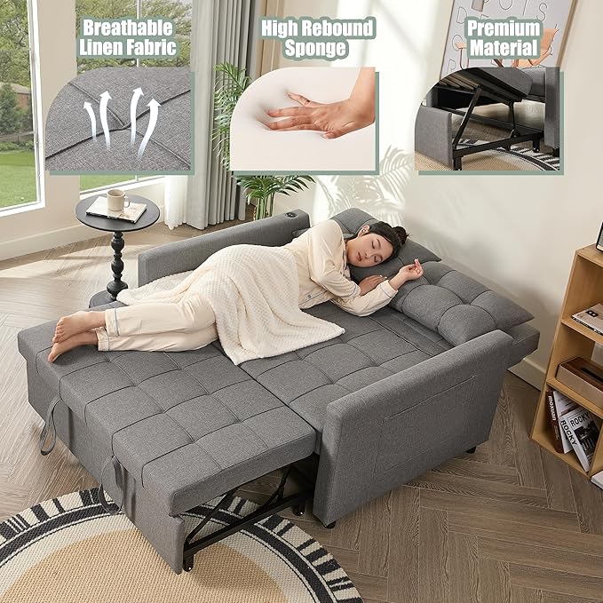 52" Sleeper Sofa with Pull-Out Bed, 3-in-1 Convertible Sofa Bed, Loveseat with Stepless Adjustable Backrest and Side Pocket, for Living Room Dorm Apartment, Linen, Light Gray-CasaMuseHome