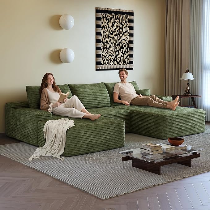 108" Sectional Couches for Living Room Modern Modular Sofa with L-Shape Couchs Upholstered Boneless Couch Deep Seat Sectional Couch with Chaise (Green, Right Facing Chaise+2Seaters+1Ottoman)-CasaMuseHome