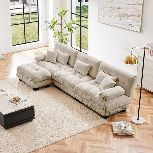 L Shaped Couch Sectional Couch, 3-Seater Cloud Couch Sectional Oversized Couch, Sofa Bed Couch with Round Bolster Armrests 5 Pillows, Modular Couch Home Sofa Living Room Couch-CasaMuseHome