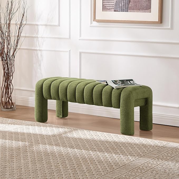 43.3" Bedroom Bench, Upholstered Entryway Bench, Modern End of Bed Ottoman with Solid Wood Legs and Adjustable Foot Pegs for Entryway, Dining Room and Living Room (Green Boucle)-CasaMuseHome
