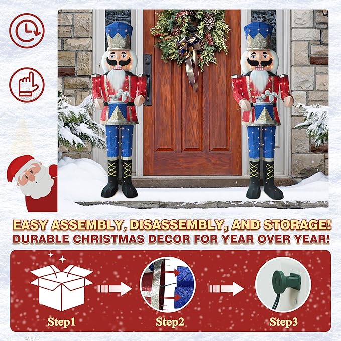 5FT Lighted Nutcracker with Drum for Christmas Decoration, Pre-Lit 3D Iridescent Soldier Xmas Decor with 100 Warm White Lights, Glittered Standing Holiday Display for Outdoor, Indoor-CasaMuseHome
