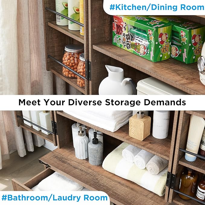 72" Farmhouse Kitchen Pantry Cabinet With Drawer, Tall Storage With 2 Barn Doors and Shelves, Versatile Large Rustic for Dining Room, Bathroom, Living Room, Rustic Brown-CasaMuseHome