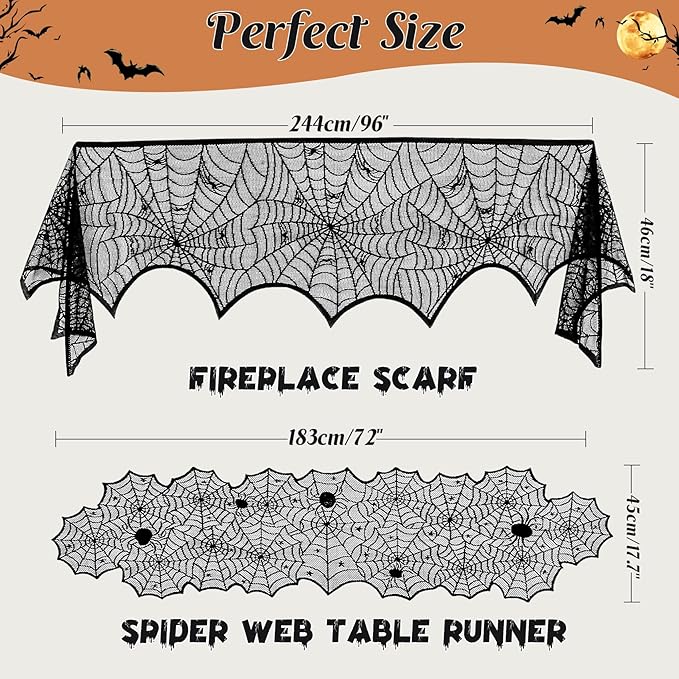 3 Pack Halloween Decorations Sets, Black Lace Spider Webs Table Runner & Halloween Cobweb Fireplace Scarf with 120 pcs 3D Bat for Halloween Indoor Decors Party Supplies-CasaMuseHome