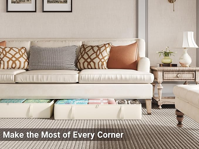 2-Pack Under Bed Storage Containers, 8 Inches Tall Underbed Clothes Storage Organizer Bin with Sturdy Sidewalls/Bottom, Under the Bed Storage Bags 2 Storage Bins, Beige-CasaMuseHome