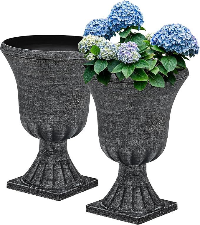 22" Large Urn Planters for Outdoor Plants, Set of 2 Plastic Flower Pot with Handmade Washed Black Finish, Weather-Resistant for Porch, Garden, Patio or Indoor Use-CasaMuseHome