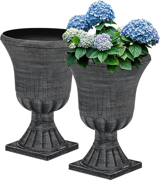 22" Large Urn Planters for Outdoor Plants, Set of 2 Plastic Flower Pot with Handmade Washed Black Finish, Weather-Resistant for Porch, Garden, Patio or Indoor Use-CasaMuseHome