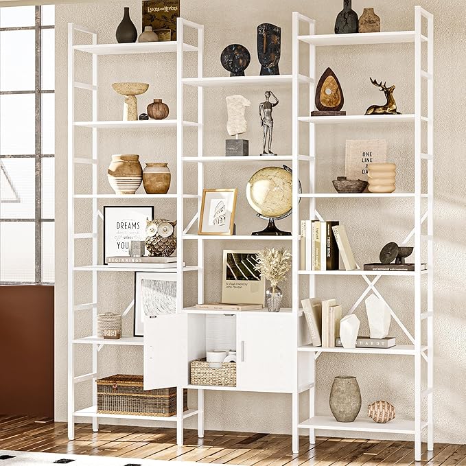 70x78 “ Triple 6 Tier Book Shelf, Industrial Large Bookcase with Storage Cabinet, Tall Bookshelf with 16 Open Display Shelves Metal Frame Furniture for Living Room Bedroom Home Office White-CasaMuseHome