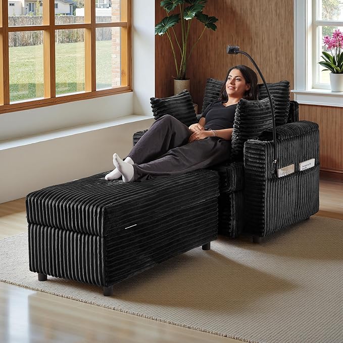 Accent Chair with Storage Ottoman Upholstered Living Room Chairs for Reading Chair with Chaise Lounge Chairs Indoor, Comfortable Armchair for Bedroom-CasaMuseHome