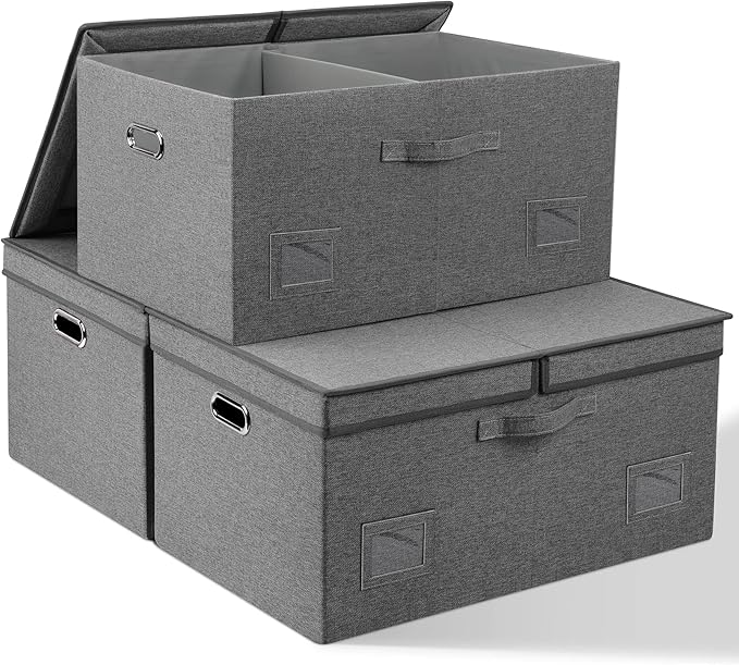 75 Quarts Extra Large Decorative Storage Bins with Lids, 3 Packs Gray Collapsible Storage Bins with Lids, Stackable Storage Bins Decorative Box Storage With Lid Extra Large-CasaMuseHome