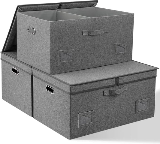 75 Quarts Extra Large Decorative Storage Bins with Lids, 3 Packs Gray Collapsible Storage Bins with Lids, Stackable Storage Bins Decorative Box Storage With Lid Extra Large-CasaMuseHome
