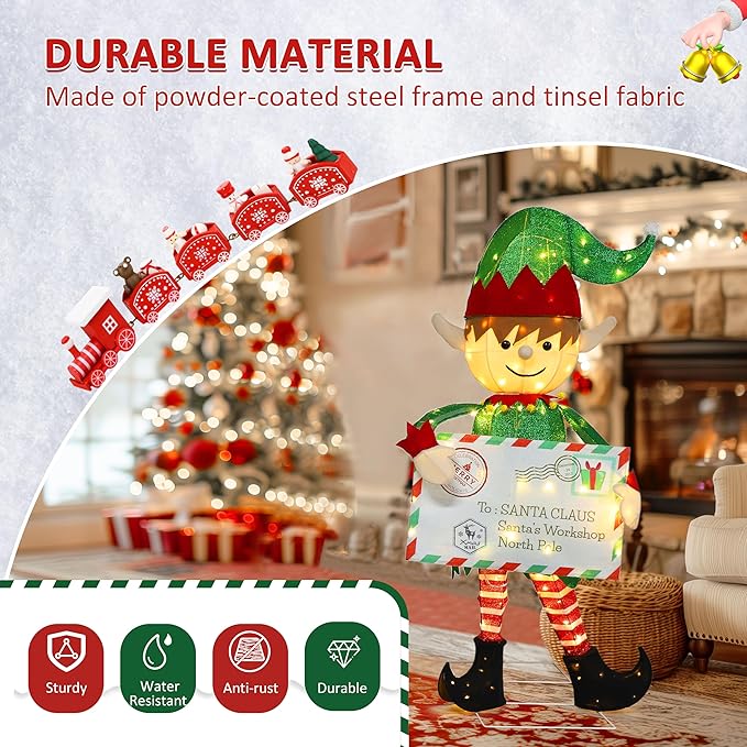 4.8FT Lighted Elf with Envelope Outdoor Christmas Decoration, 3D Pre-Lit Elf Decor with 100 LED Lights for Christmas, Freestanding Glittered Holiday Display for Outdoor, Indoor-CasaMuseHome