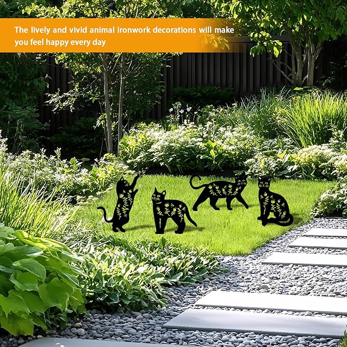 4 Pack Cat Metal Garden Decorative Stakes, Weather Proof Silhouette Statues for Yard, Patio,Outdoor Decor for Cat Lovers and Pet Owners-CasaMuseHome