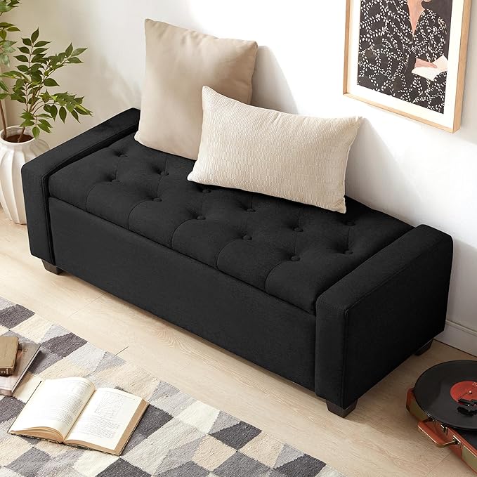 48" Ottoman with Storage, Black Storage Ottoman Bench with Safety Hinge, Upholstered Entryway Bench with Seating for Bedroom, Living Room, Holds up to 330 lb-CasaMuseHome