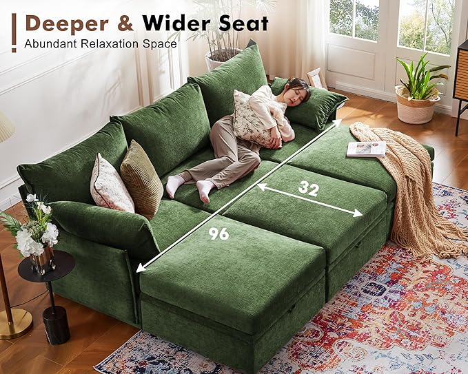 134.6" Oversized Modular Sectional Sofa, 6 Seater U Shaped Couch with Storage Ottoman with Reversible Chaise Deep Seat for Living Room, Apartment - Chenille Green-CasaMuseHome