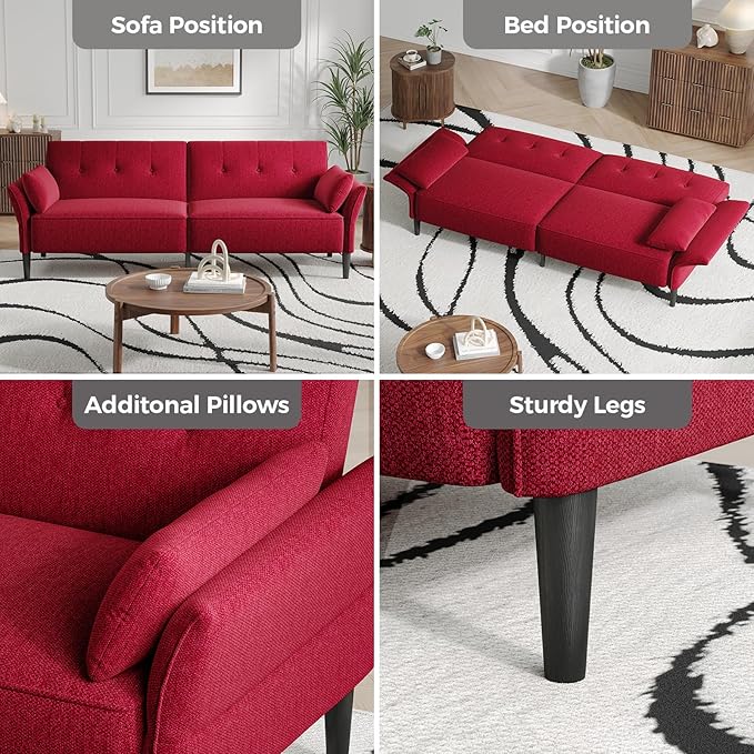 89” Futon Sofa Bed, Linen Comfy Futon Couch Bed with 2 Square Pillows, Convertible Sleeper Sofa with Adjustable Backrest& Armrests, Modern Loveseat Sleeper for Living Room, Bedroom, Red-CasaMuseHome