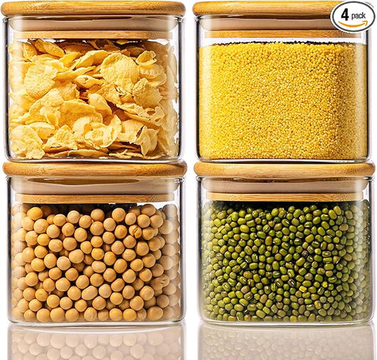 21oz - 4 Pack Square Glass Jars with Bamboo Lids, Glass Food Storage Containers with Airtight Lids, Air Tight Pantry Storage Containers for Coffee, Sugar, Spice, Meal Prep Jars for Salad & Fruit-CasaMuseHome
