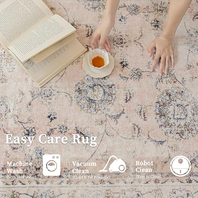 5'x7' Vintage Floral Rug - Persian Inspired Low-Pile Faux Wool Area Rug, Non-Slip Washable Rug for Bedroom, Nursery, Dorm, Soft Pink Boho Chic Decor-CasaMuseHome