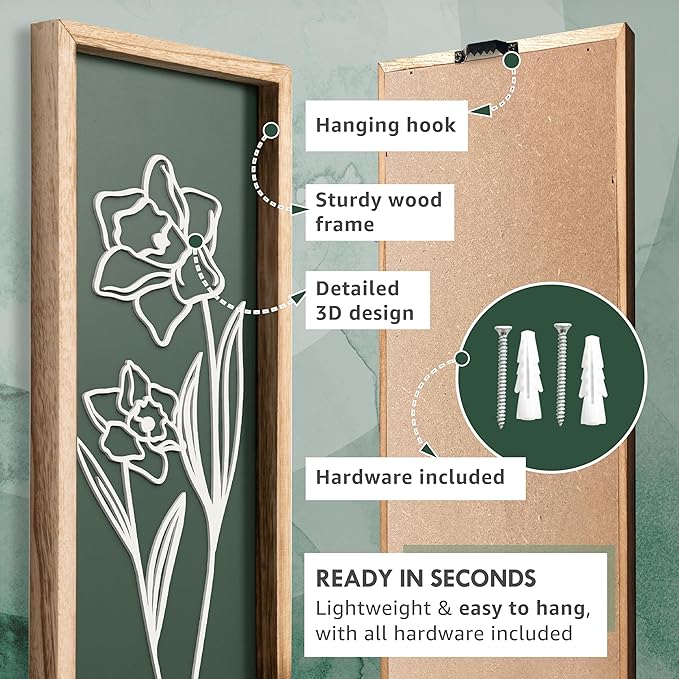 3D Floral Green Wall Art (Set of 3) Lightweight, Wooden Ready-to-Hang Boho Framed Wall Art for Bathroom, Master Bedroom, Living Room or Office - Premium Sage Green Farmhouse Decor - Gift-Boxed-CasaMuseHome