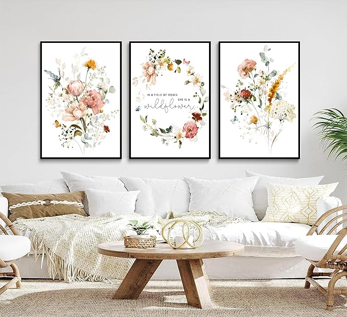 3Pcs Pink Flowers Canvas Wall Art In A Field Of Roses She Is A Wildflower Painting Picture Decor Watercolor Wreath Poster Print Artwork for Nursery living room Girls Room Home Decoration Unframed-CasaMuseHome