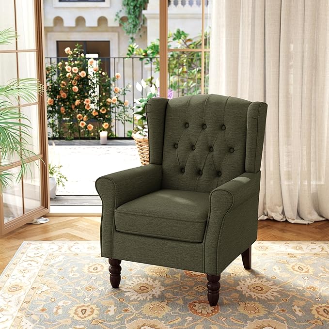 Accent Chair, Upholstered Armchair with Button Tufted High Back & Solid Wood Legs, Comfy Wingback Reading Single Sofa Chair for Small Spaces, Living Room, Bedroom (Green, Set of 2)-CasaMuseHome