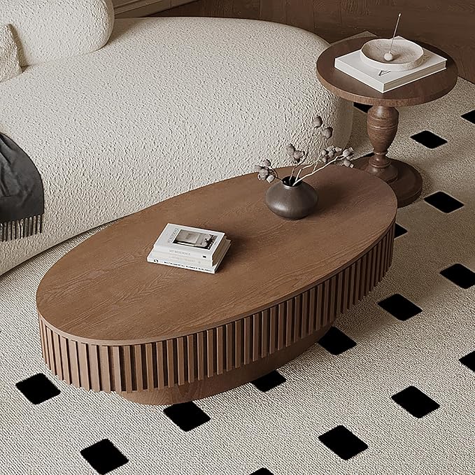 47.2''Oval Coffee Table with Storage, Mid Century Modern Fluted Drum Center Tables with Lid, Solid Wood Side Pedestal Coffee Table Tea Table for Living Room, Bedroom, Apartment-Walnut-CasaMuseHome