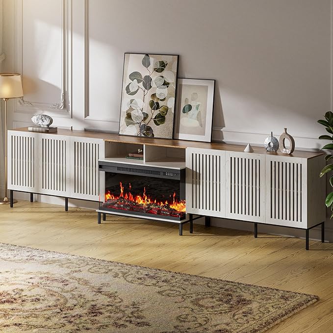 3-Sided Glass Farmhouse Fireplace TV Stand for TVs Up to 110 Inch, Entertainment Center with 36" Electric Fireplace, Antique White TV Console with Storage Cabinets for Living Room-CasaMuseHome