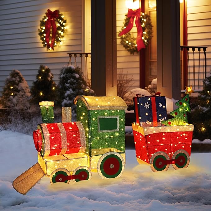 5FT Light-Up Christmas Train Decor with 170 LED Lights, 3D Pre-Lit Train Set with Gift Box and Christmas Tree for Xmas Decoration, Freestanding Glittered Holiday Display for Outdoor, Indoor-CasaMuseHome