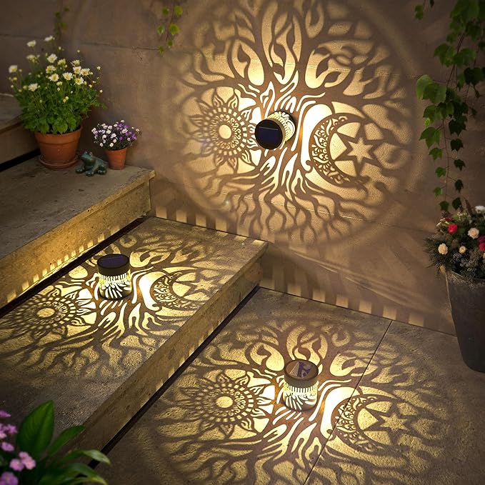 4 Pack Large Solar Fence Lights Metal Solar Powered Outdoor Wall Deck Step Lights Tree Theme Waterproof Fence Light for Garden Post Patio Backyard Yard Decor, Gardening Gifts for Women Mom Grandma-CasaMuseHome