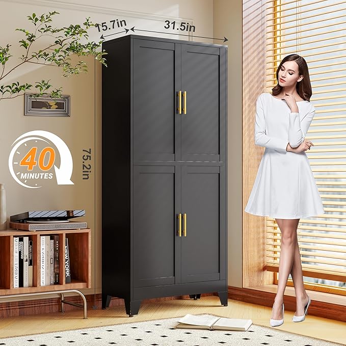 75.2" Tall Metal Pantry Cabinet, Storage Cabinets with 4 Door and 4 Adjustable Shelves, Black Kitchen Pantry Storage Cabinet, Freestanding Cupboard for Kitchen Dining Room Living Room Bathroom-CasaMuseHome