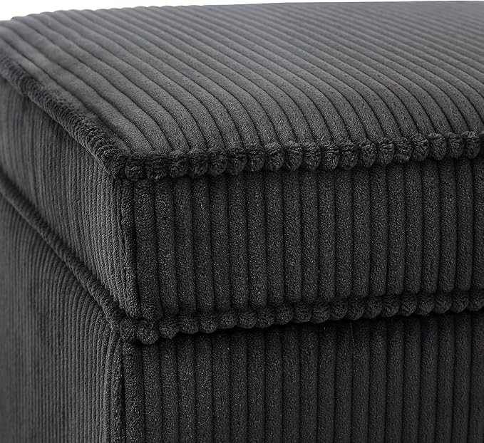 Adeco 17 Inch High Striped Flannel Black Cube Ottoman Storage, 3D Embossed Velvet Chair Foot Stools, Upholstered Vanity Stool with Hinged Lid, Solid Round Wood Legs-CasaMuseHome
