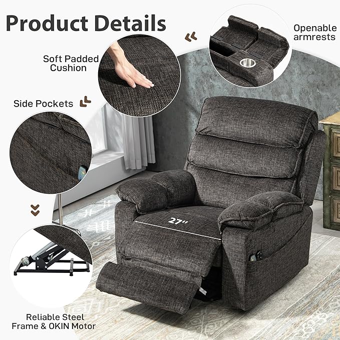 27in Extra Wide Power Lift Recliner Chair for Big Tall with Extended Footrest Heat Massage, Oversized Electric Lift Recliner Chairs for Adults Elderly Seniors, Arm Storage & Cup Holders-CasaMuseHome
