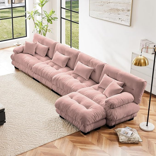 L Shaped Couch Sectional Couch, 4-Seater Cloud Couch Sectional Oversized Couch, Sofa Bed Couch with Round Bolster Armrests 6 Pillows, Modular Couch Home Sofa Living Room Couch(Pink)-CasaMuseHome