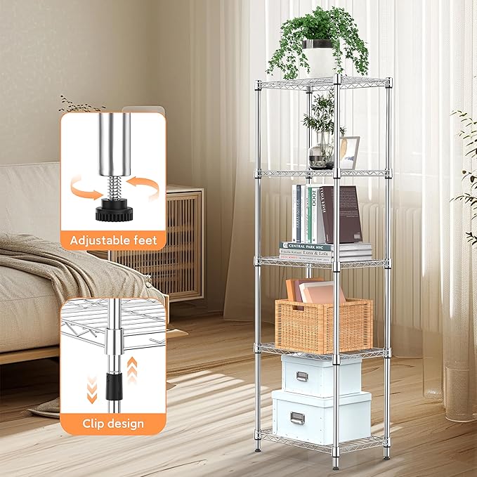 5 Tiers Shelf Metal Storage Shelves Wire Rack Closet Organizers with Wheel for Garage Kitchen Bathroom Laundry Chrome 11.8" D x 17.7" W x 55" H-CasaMuseHome
