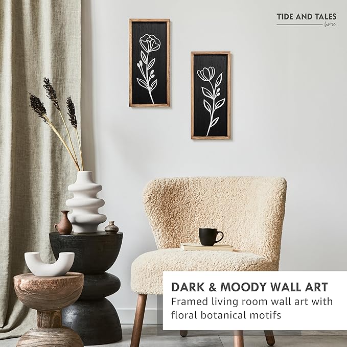 3D Vintage Black Living Room Decor (Set of 2) Lightweight, Wooden Ready-to-Hang Framed Moody Floral Wall Art for Bathroom, Bedroom or Office - Dark Textured Boho Farmhouse Wall Decor - Gift-Boxed-CasaMuseHome
