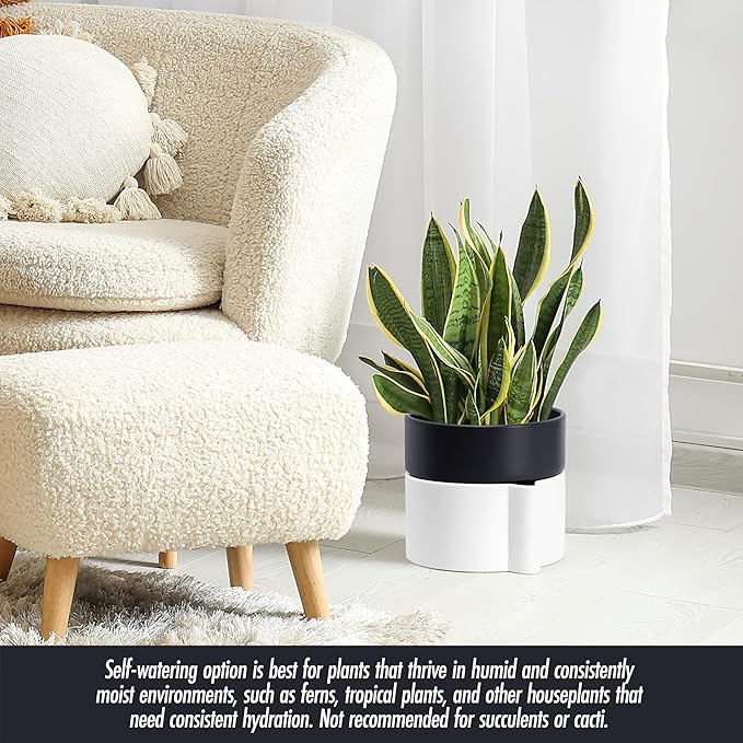 8 Inch Self-Watering Planter Pot with Terracotta Insert, Deep Water Reservoir, and Ceramic-Alike BPA-Free Plastic Planter Pot for Plant, Modern Planter for Houseplants, White/Black, 53-B-T-4-CasaMuseHome