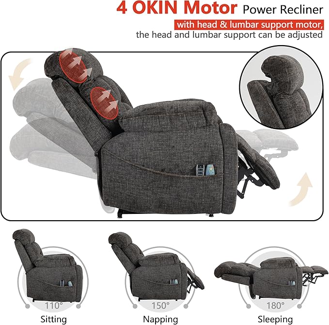 4 OKIN Motor Power Lift Recliner Chair for Elderly Adults Extra Large Lay Flat Recliners with Massage Heat, Adjustable Head-Back-Lumbar-Leg-Support, Extended Footrest, 2 Cup Holders-CasaMuseHome