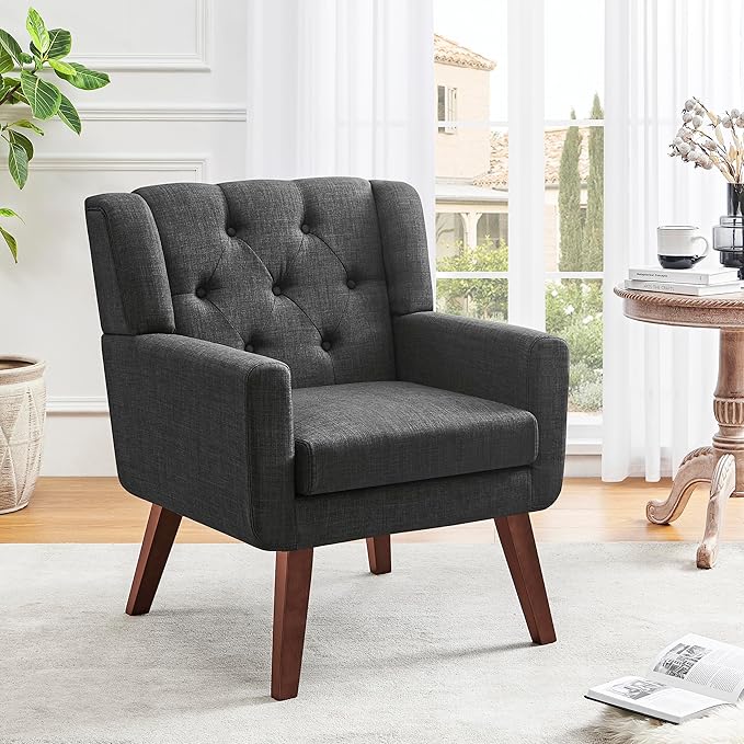 Accent Chair Button-Tufted Upholstered Living Room Chairs Comfy Reading Chair Mid Century Modern Chair with Linen Fabric Lounge Arm Chairs for Living Room Bedroom (Dark Grey)-CasaMuseHome