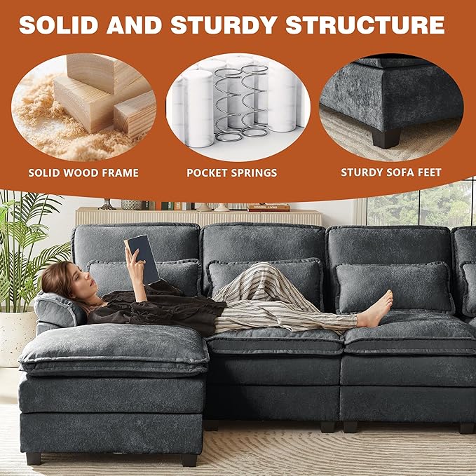 113" Oversized Cloud Couch, U Shape Sectional 4 Seat Sofa with Double Chaises, 2 Layer Cusions, Deep Seat Comfy Sofa, Upholstery Chenille Fabric for Living Room, Dark Grey-CasaMuseHome