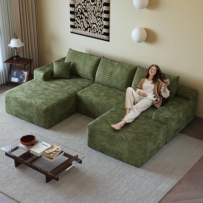108" Sectional Couches for Living Room Modern Modular Sofa with L-Shape Couchs Upholstered Boneless Couch Deep Seat Sectional Couch with Chaise (Green, Left Facing Chaise+2Seaters+1Ottoman)-CasaMuseHome