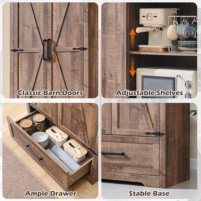72" Tall Wood Storage Cabinet, Farmhouse Kitchen Pantry Cabinet with Adjustable Shelves & Drawer & Barn Doors, Versatile Storage for Kitchen, Dining Room, Bathroom, Light Brown-CasaMuseHome