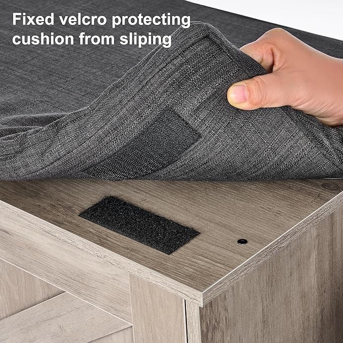 2-Tier Storage Bench, Shoe Bench with Padded Seat Cushion, Entryway Bench with 2 Barn Doors, Adjustable Shelf, 13.8" D x 39.4" W x 17.7" H, for Entryway, Living Room, Bedroom, Greige-CasaMuseHome