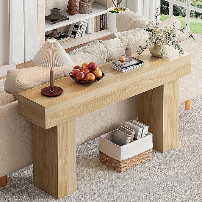 63 Inch Long Console Table for Entryway, Farmhouse Wood Rectangular Sofa Table Behind Couch Table, Narrow Entryway Table for Living Room, Entrance, Hallway, Foyer, Easy Assembly (Natural)-CasaMuseHome