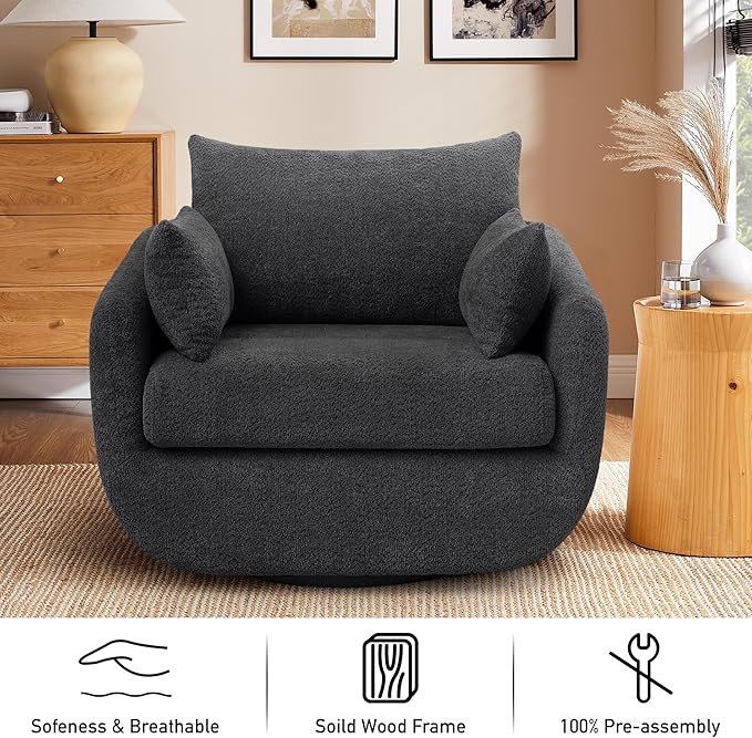 360° Swivel Accent Armchair Set of 2, 39.3" Oversized, Sherpa Boucle Fabric Sofa Chair with Removable Back & Arm Pillows, Swivel Chairs with Cozy Soft Padded, No Assembly Required, Dark Gray-CasaMuseHome