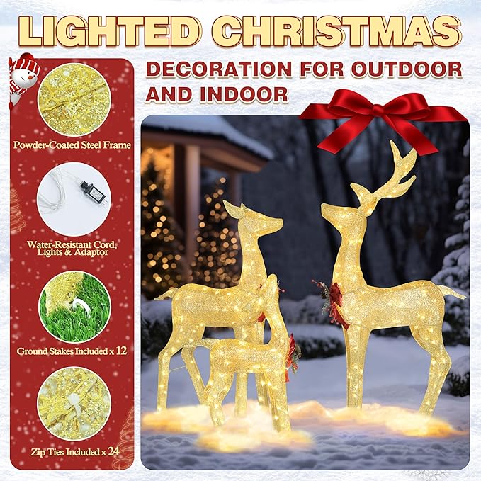 4.5FT Lighted Reindeer Family Set for Christmas Decoration, 3 Pieces Pre-Lit Iridescent Deer with 200 LED Lights, 3D Glittered Standing Holiday Display for Outdoor, Indoor, Golden-CasaMuseHome