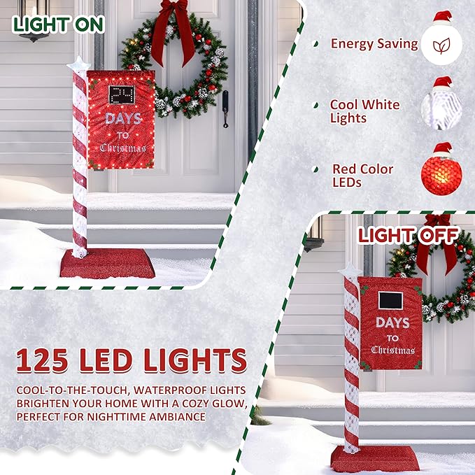 5FT Lighted Christmas Countdown Sign, Remote Control Available Within 0-60 Days, Holiday Countdown Sign Decor with 125 LED Lights, Freestanding Glittered Holiday Display for Outdoor, Indoor-CasaMuseHome