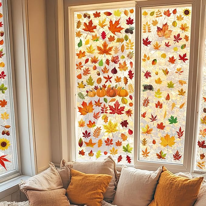 9 Sheets Fall Decorations, 274 PCS Fall Window Clings, Double Sided Autumn Stickers with Maple Leaves Pumpkin Nuts, Autumn Window Clings for Party Thanksgiving Decor Indoor Outdoor Accessories-CasaMuseHome
