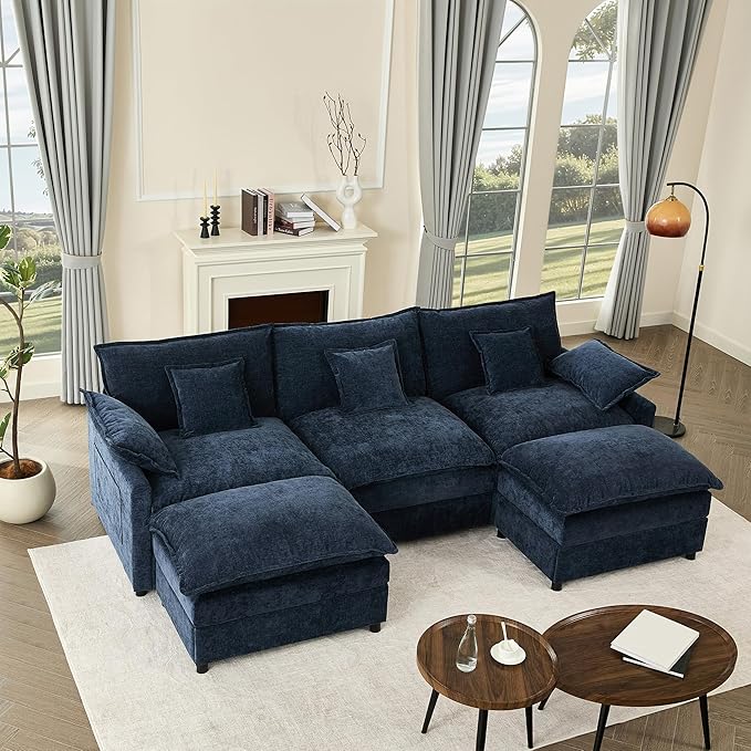108" U Shaped Couch, Modular Sectional Sofa, 3-Seater Comfy Cloud Couch with Movable Ottoman, Deep Seat Couches for Living Room, Chenille, Navy-CasaMuseHome